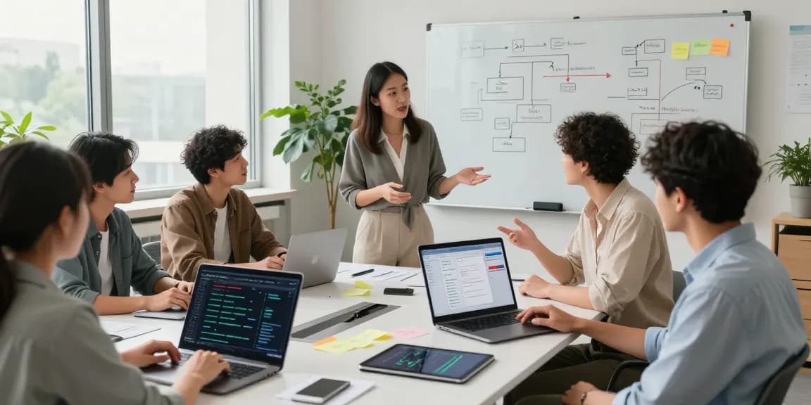 Build internal tools with AI in a collaborative tech workspace featuring a diverse team and modern office design.