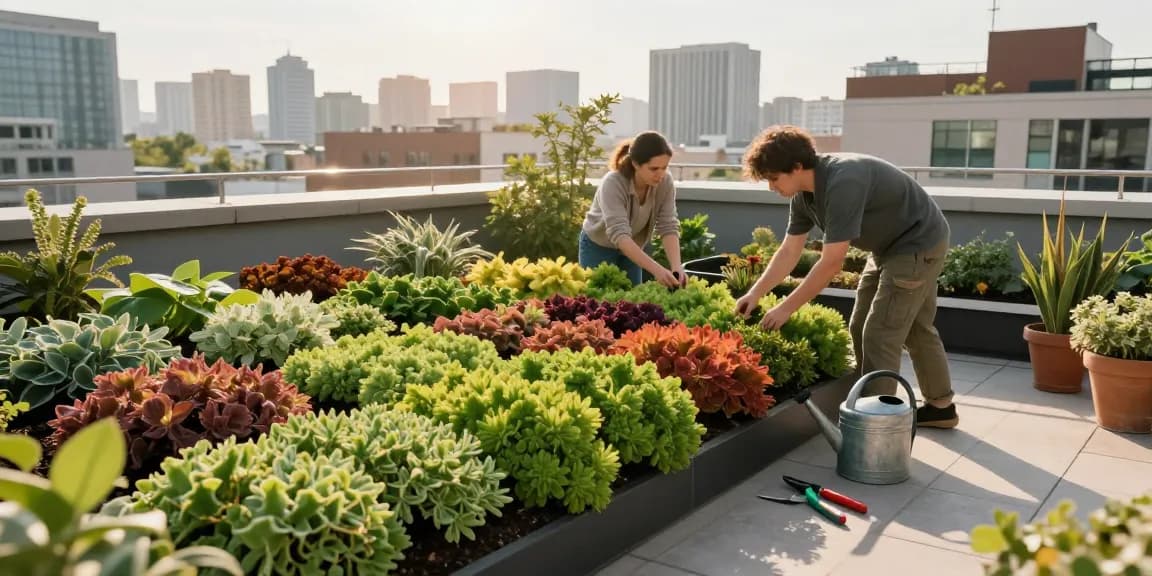 Huiseigenaren die zorgen voor hun sedumdak-tuin op het dak, gevuld met weelderige planten in een levendige stedelijke omgeving.