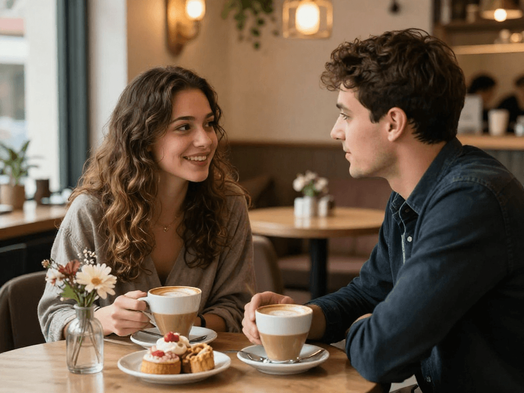 Couple having coffee at F168 dating platform café, showcasing intimacy and connection.