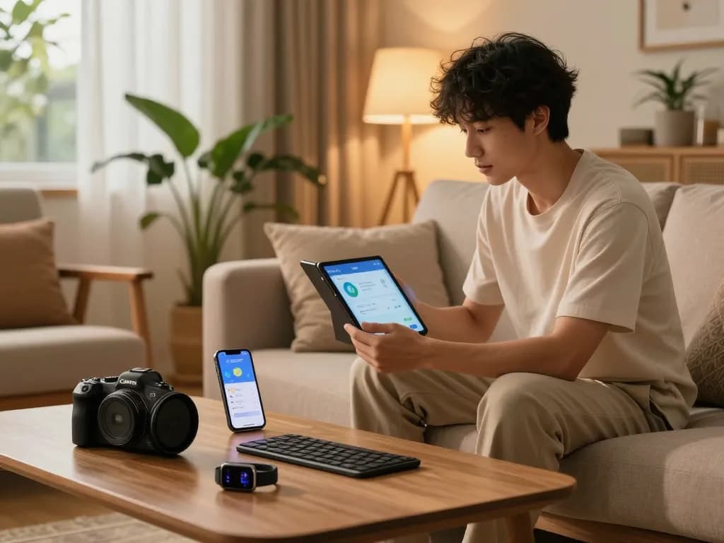 Engaged user exploring affordable tech gadgets with Bluetooth devices in stylish living room.