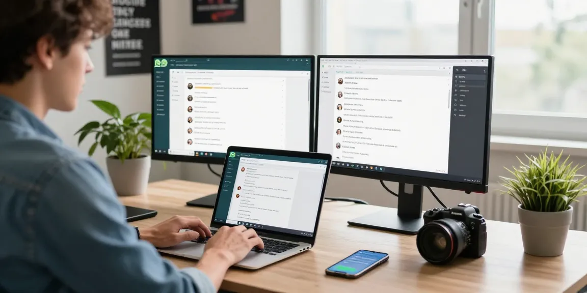 Using WhatsApp網頁版 on a laptop in a modern office setup with dual monitors and smartphone notifications.