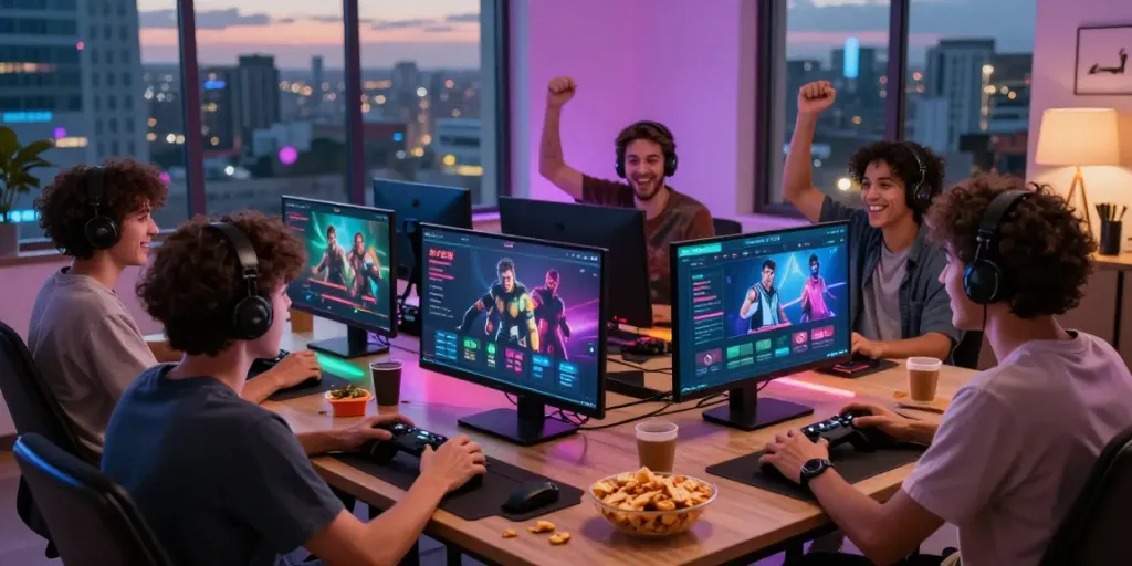 Group of friends gaming on SV88 platform, showcasing excitement and social interaction.