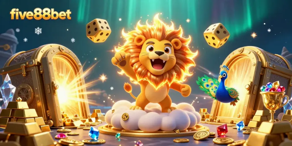 Experience the excitement of five88bet with vibrant casino elements featuring a roaring sun lion and tumbling golden dice.