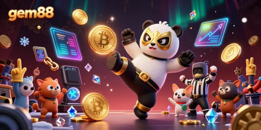 Experience exhilarating gaming action with gem88 as a panda performs a flying kick amidst vibrant casino elements.