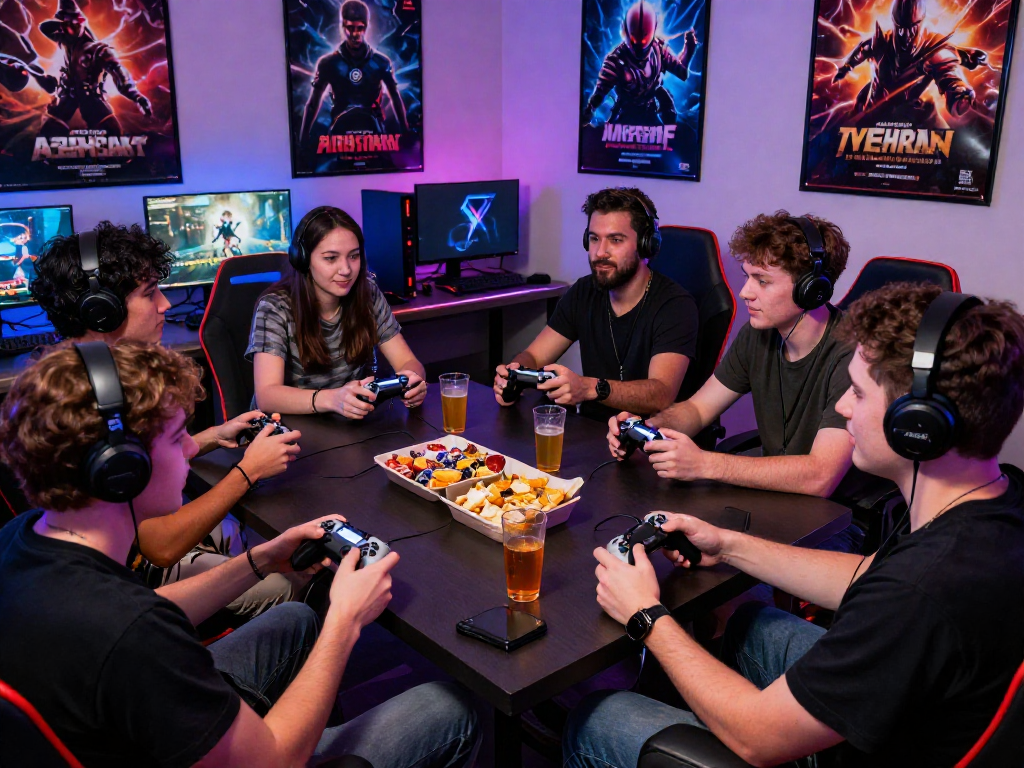 Suasana malam gaming dengan kangbet dan teman-teman menikmati permainan di meja.