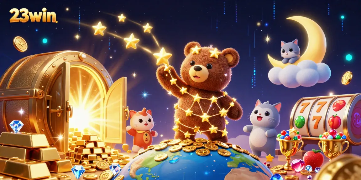 Experience the thrill of 23win with vibrant slot reels and treasures galore in a cosmic casino scene.