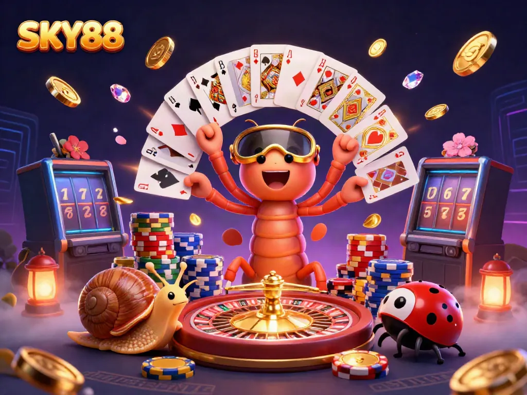 Experience the excitement of SKY88 with a playful dealer and high-rollers in a rich casino scene.