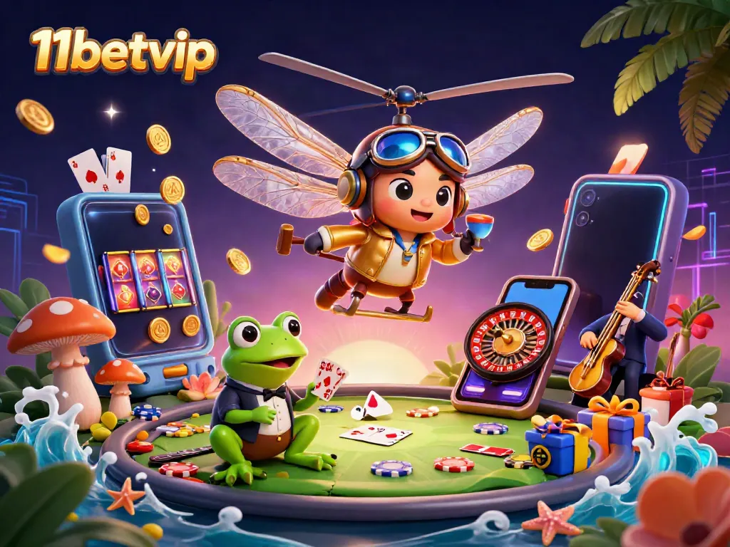 11betvip dragonfly pilot and frog croupier create an engaging casino scene with vibrant slot elements.