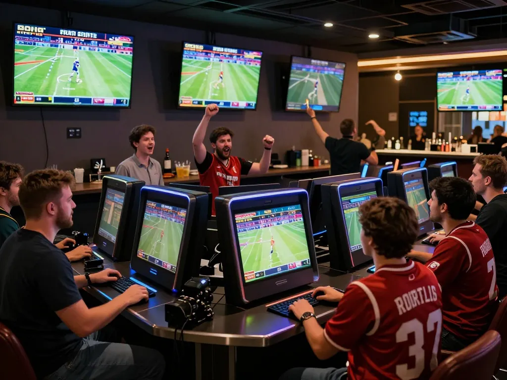 rik88 sports betting enthusiasts enjoying live games in a vibrant lounge atmosphere