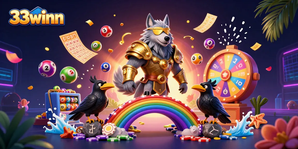 Engage with 33winn's vibrant casino world as golden ticket confetti and lottery balls soar amidst legendary characters.