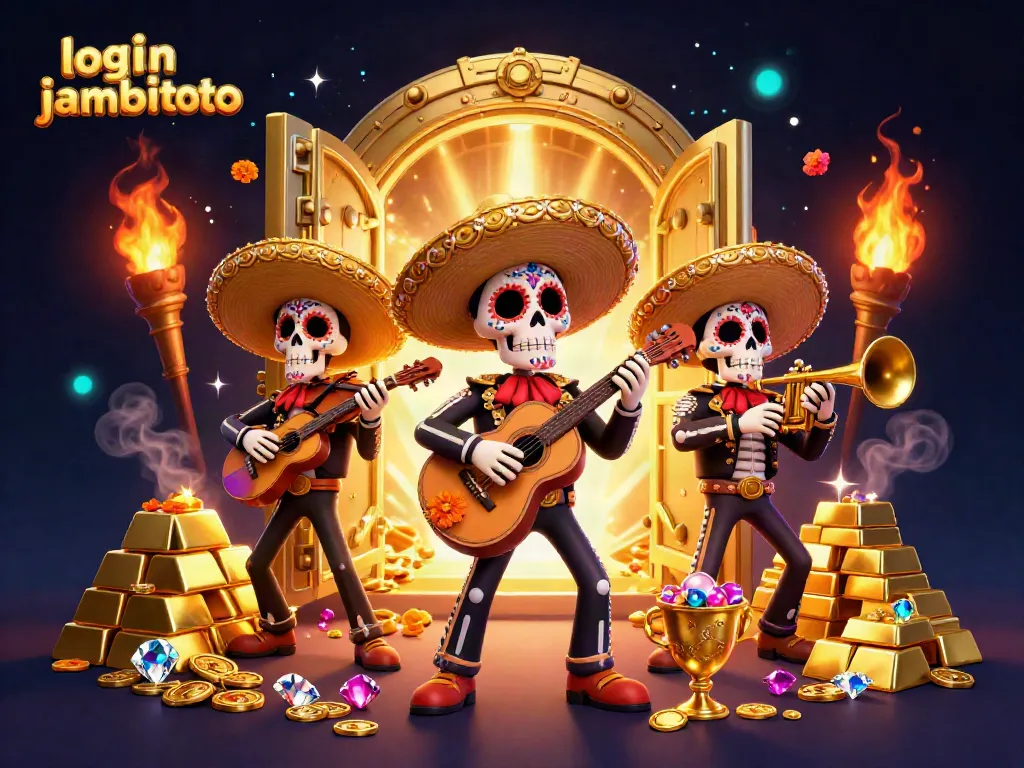 Experience the excitement of login jambitoto with a vibrant 3D mariachi band in a gold-filled casino environment.