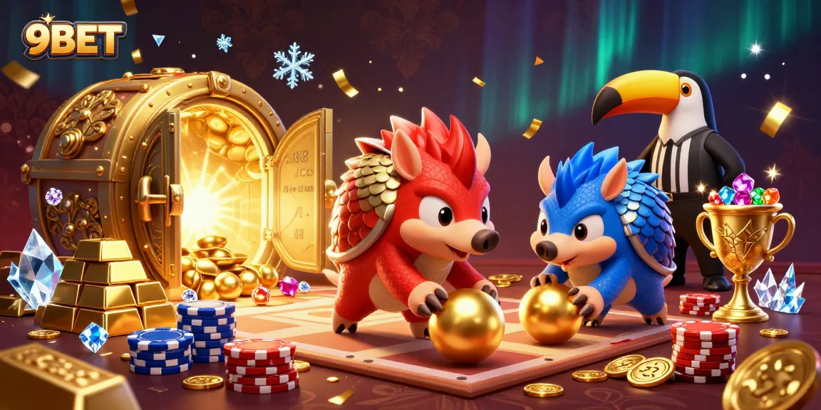 9BET pangolins in a vibrant casino scene bowled over by golden treasures and poker chips.