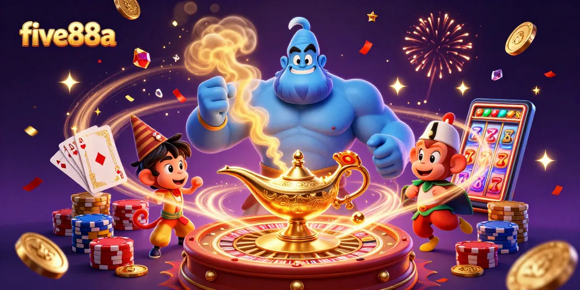 Experience the thrill of five88a with a vibrant casino scene featuring a magical genie and poker elements.