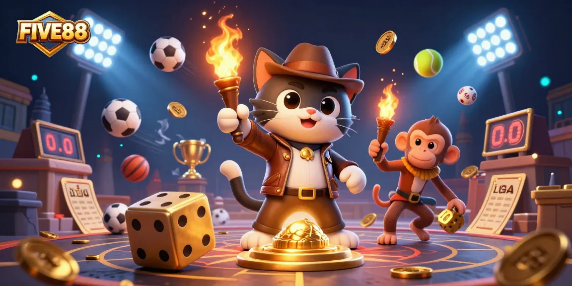 Engage in thrilling adventures with FIVE88 as the cat explorer uncovers casino treasures.