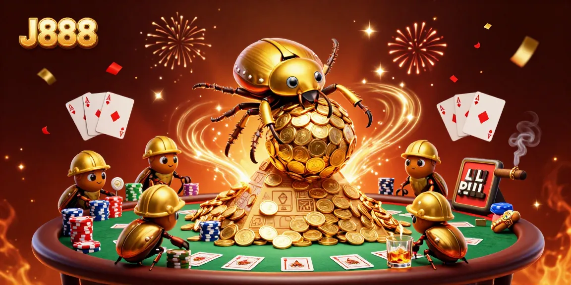 Experience the thrilling J888 casino scene with golden beetles and poker elements.