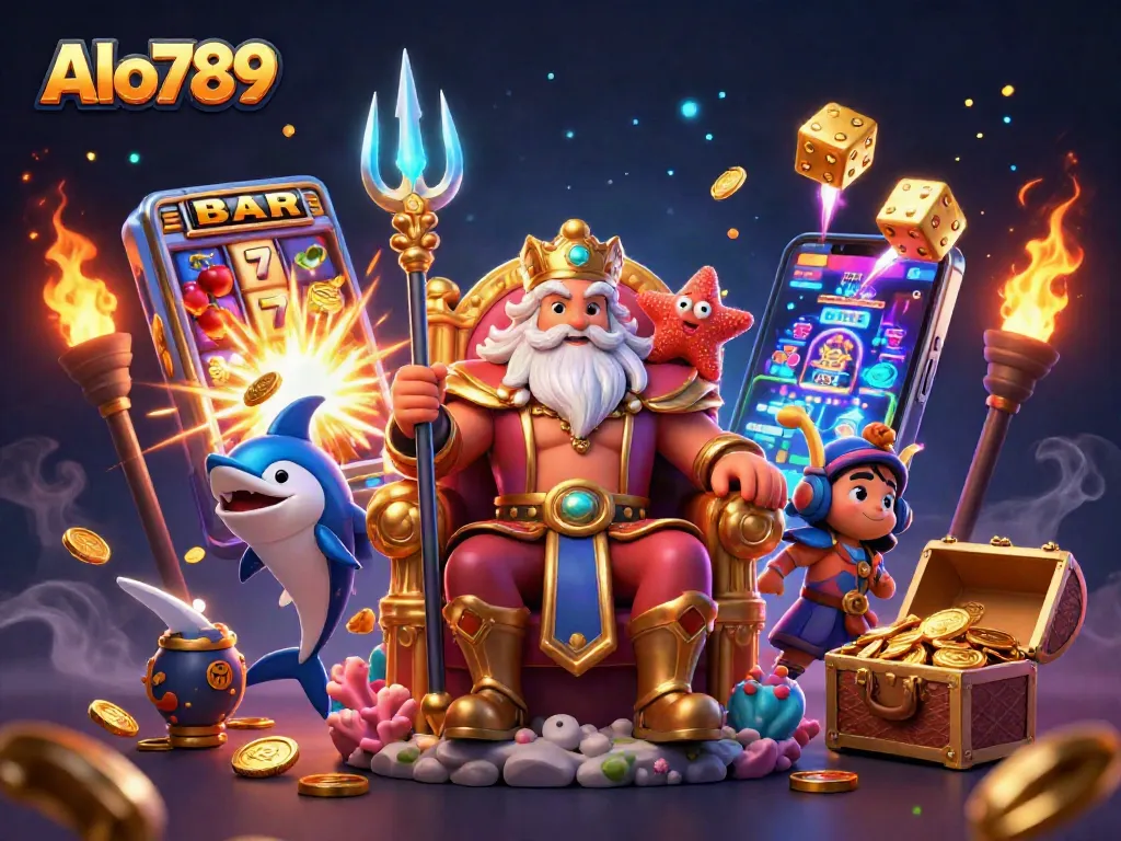 Alo789 offers an exciting jackpot experience featuring a cartoon sea king and dynamic slot machine.