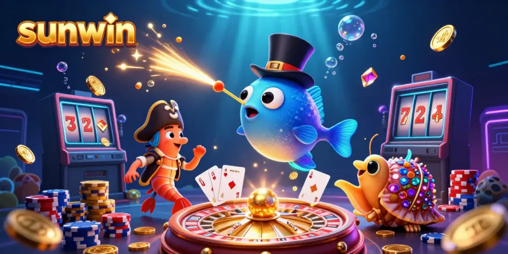 Experience exciting wins at sunwin with the alluring anglerfish and treasure elements in a vibrant casino scene.