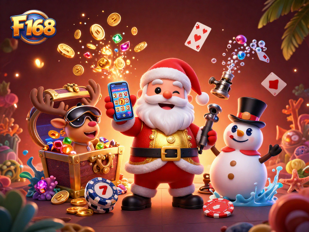 Play jackpot slots with F 168's fun casino theme featuring festive characters and vibrant treasures.
