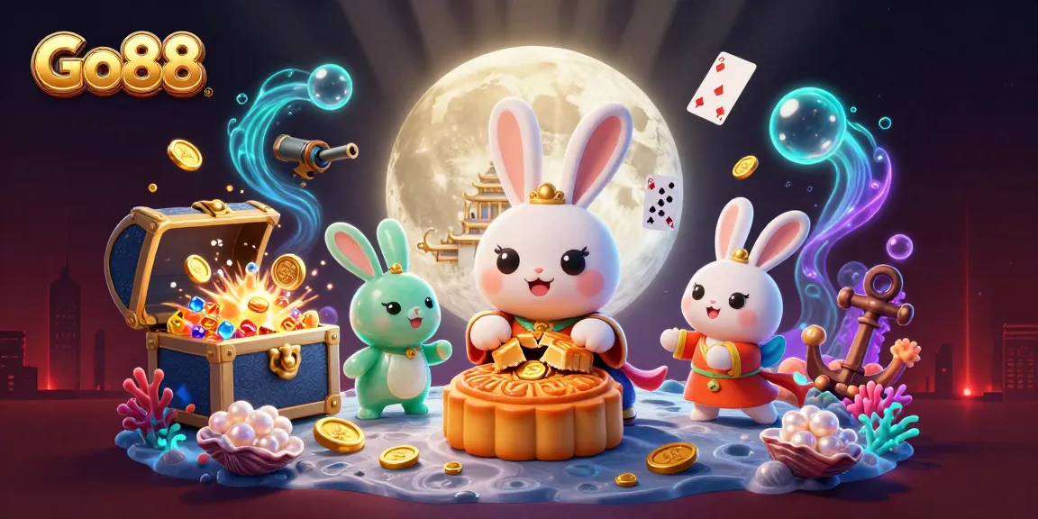 Experience Go88 with a charming moon rabbit amidst vibrant casino elements for exciting gameplay.