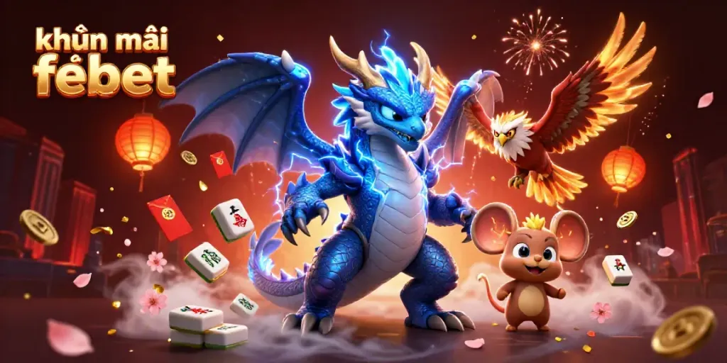 Join the excitement of khuyến mãi febet with a dynamic illustration featuring a thunder dragon, hawk, and thunder mouse among casino-themed elements.
