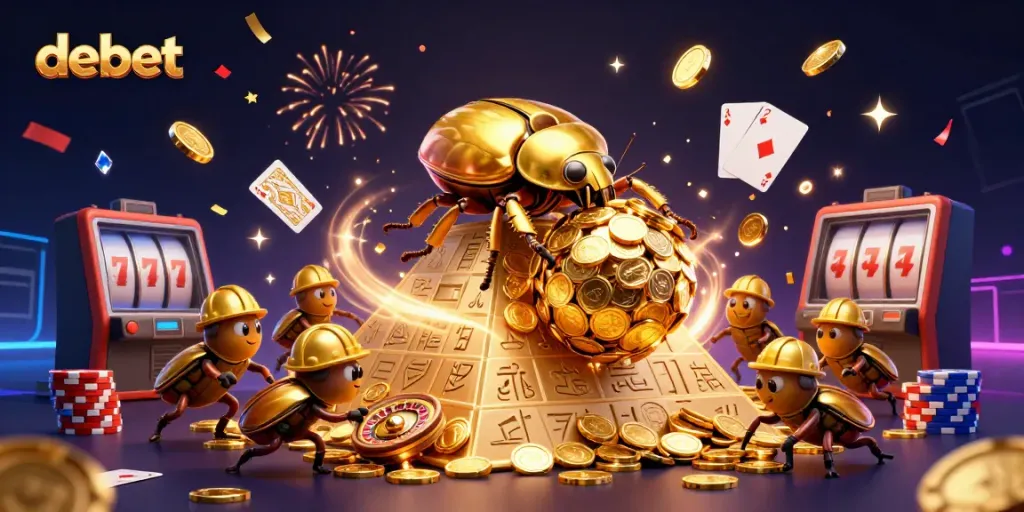 Experience debet's vibrant online casino world with golden beetles, coins, and exciting game elements.