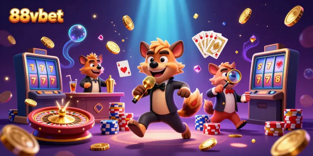 Join the fun at 88vbet with lively hyenas in a rich casino setting, enjoying games and laughs.