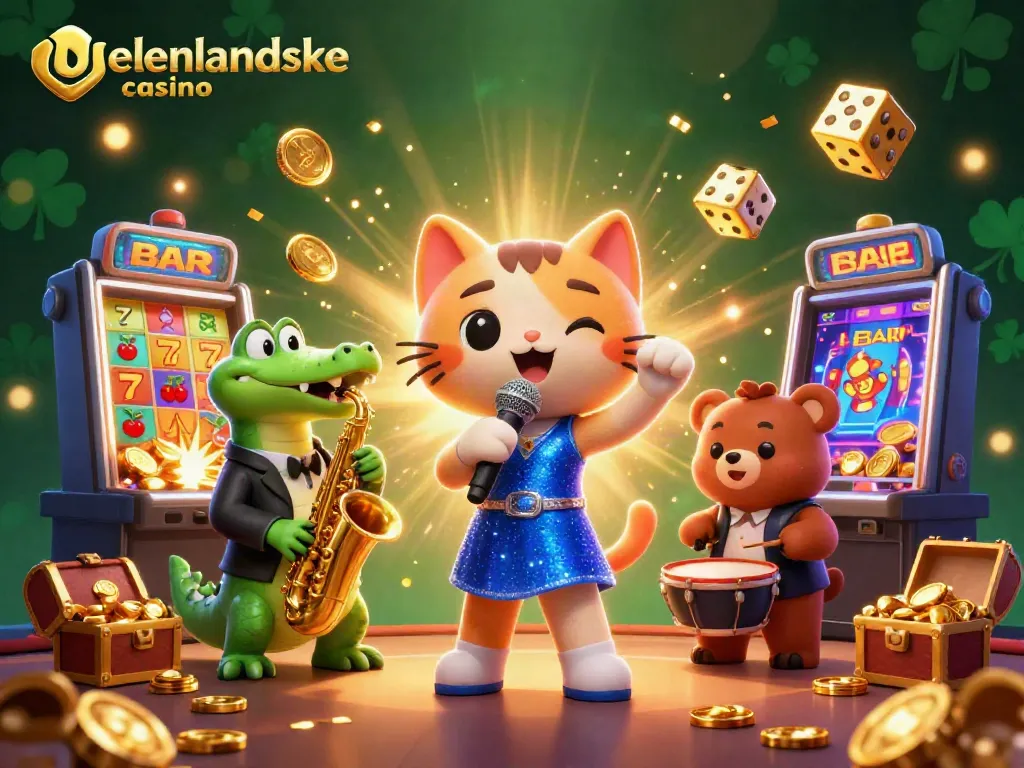 Experience the thrill of udenlandske casino with lively characters and dynamic gaming elements in this vibrant illustration.