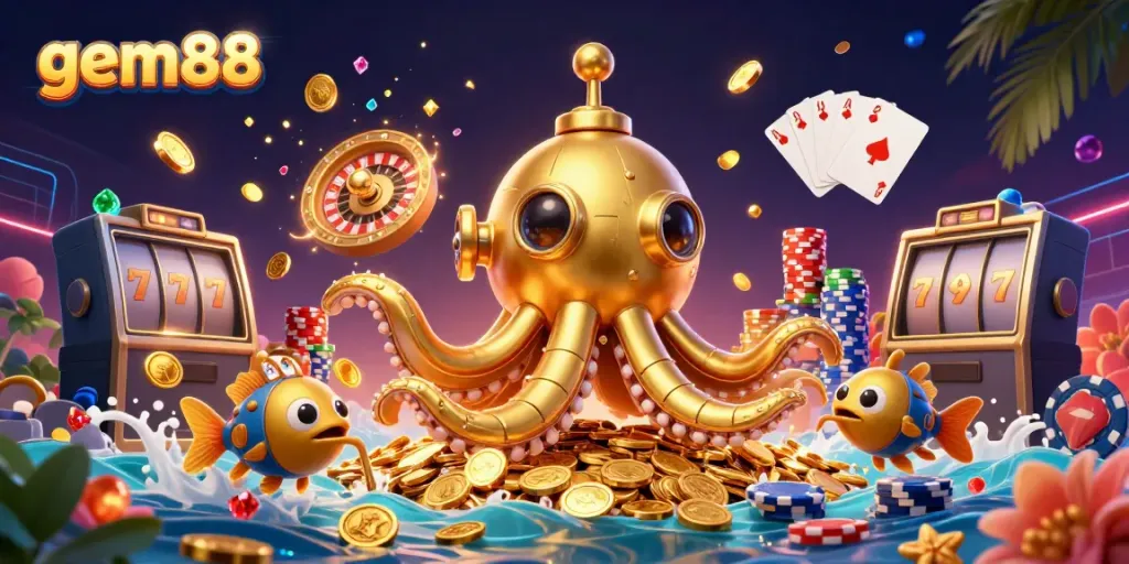 Experience excitement at gem88 with vibrant casino elements and a golden kraken submarine.