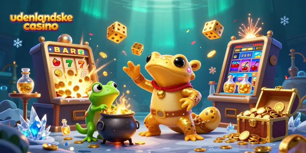 Engage in diverse experiences at udenlandske casino with a dynamic scene featuring alchemists and games.