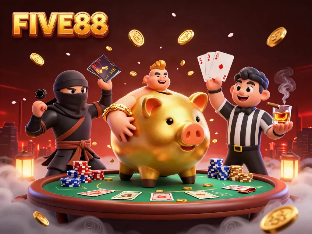 Engage with FIVE88's dynamic gaming scene featuring a golden piggy bank sumo wrestler, chips, and cards.