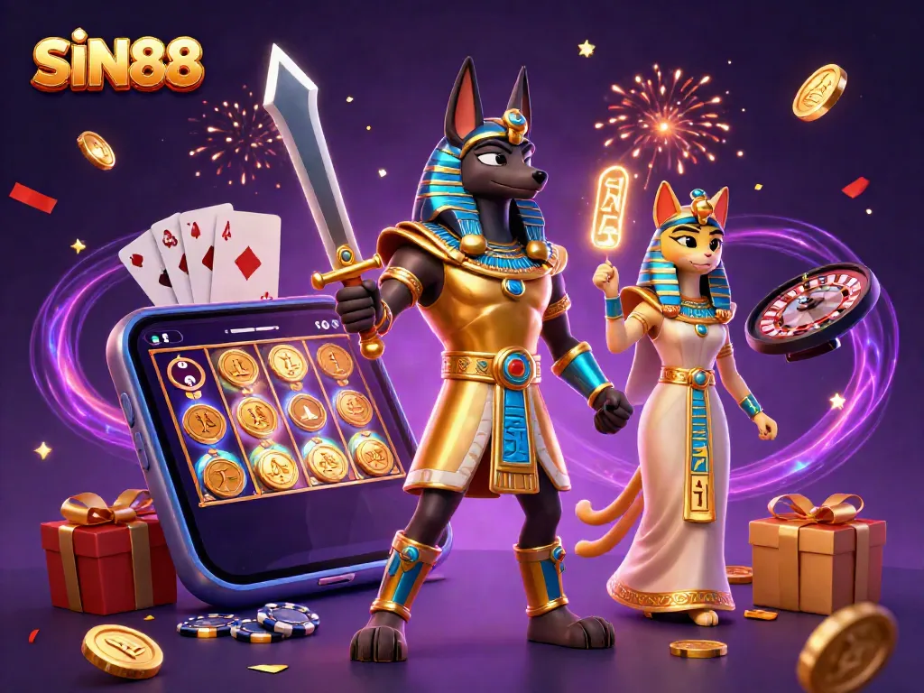 Experience thrilling gameplay at SIN88 with Anubis and Bastet amidst dynamic casino elements.