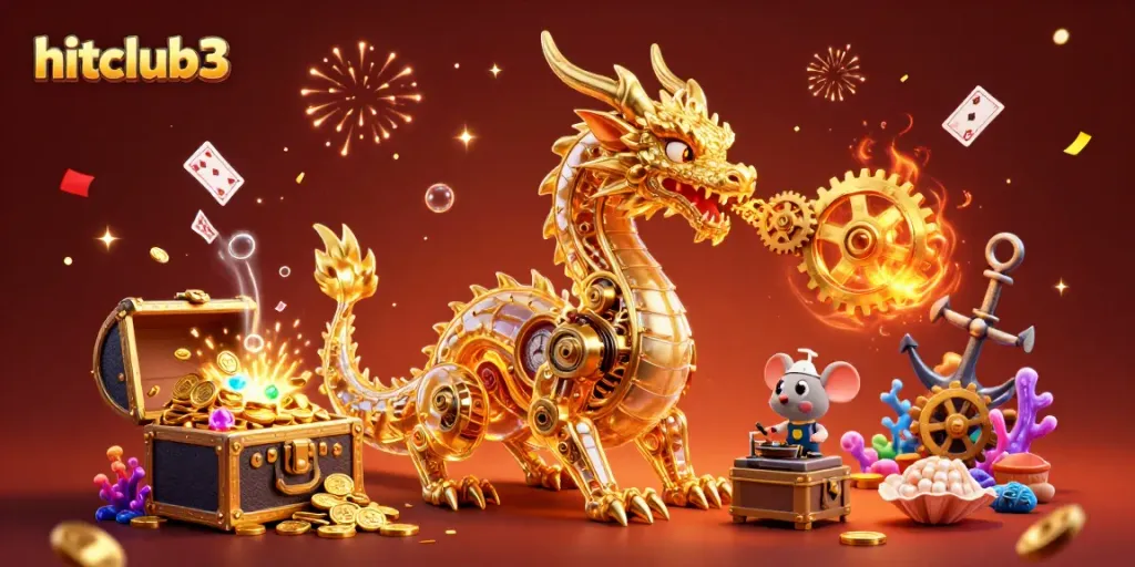 Experience thrilling gameplay at hitclub3 with a rich, packed 3D casino scene featuring a golden dragon.