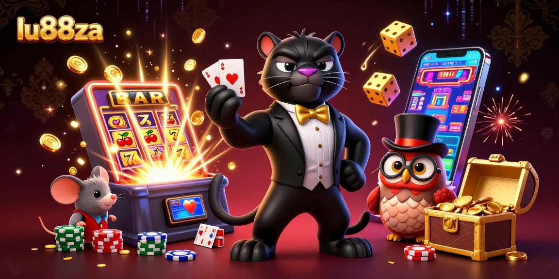 Experience thrilling moments at lu88za with a stylish panther dealer, owl, and lucky mouse amidst dazzling casino elements.