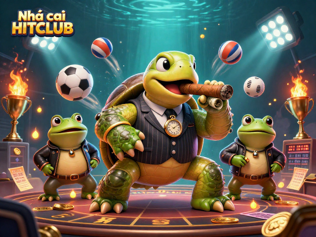 Engage with Nhà cái HITCLUB's thrilling games featuring a 3D snapping turtle, bullfrog enforcers, and vibrant casino elements.