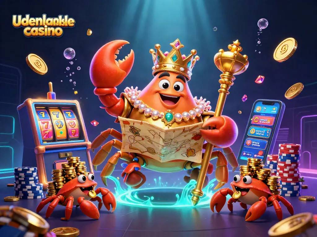 Play at udenlandske casino with a vibrant scene of a golden crab emperor, lucky slots, and exciting game elements.