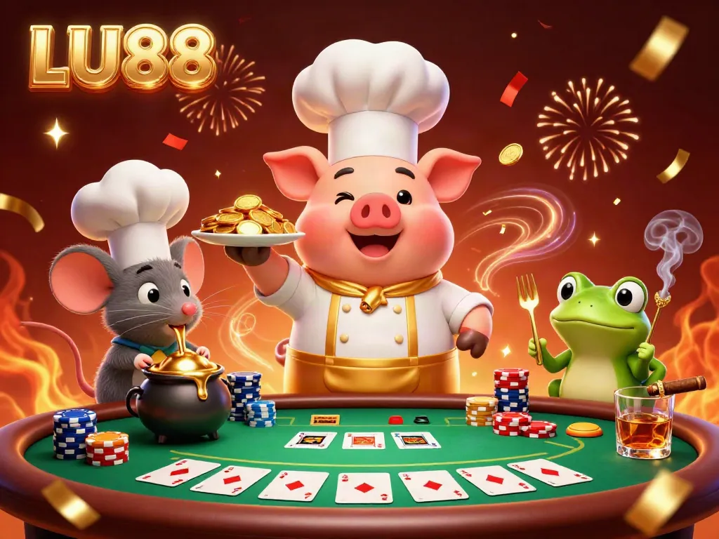 LU88 showcases a vibrant casino scene featuring a whimsical chef pig serving gold coins among poker action.