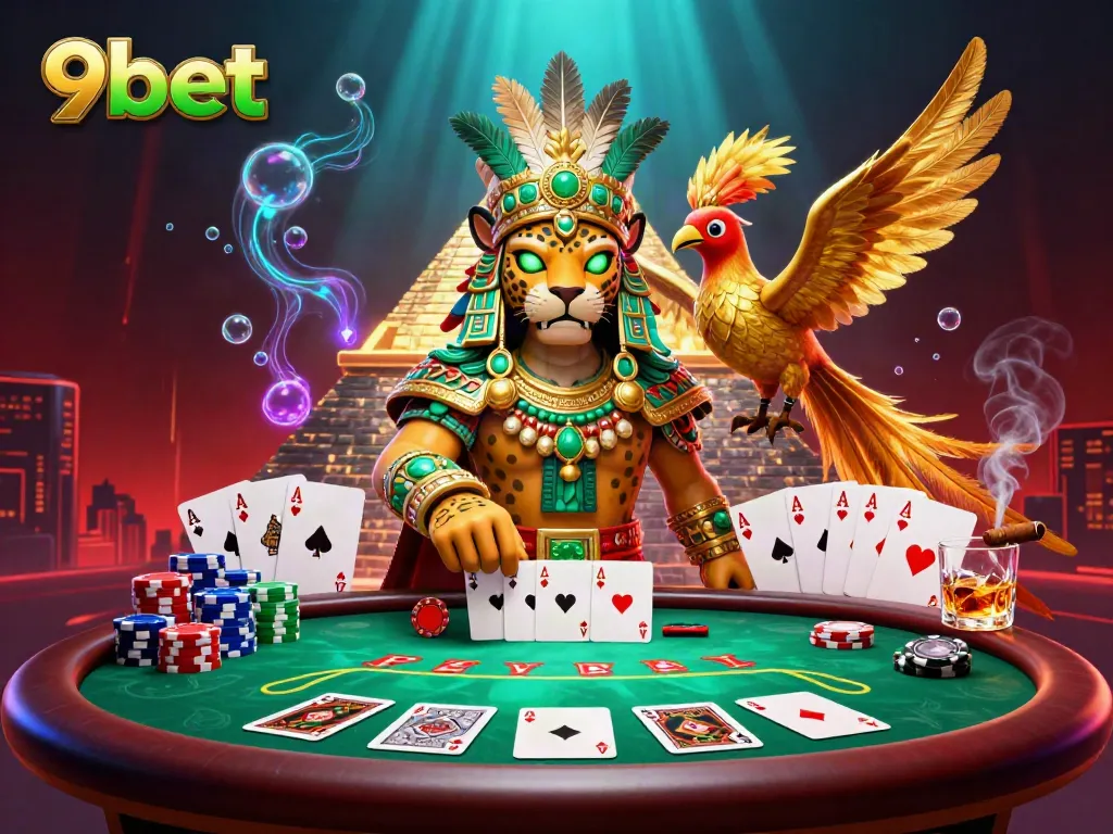 Experience thrilling poker action with 9bet's vibrant casino-themed illustration featuring a Mayan priest and colorful poker elements.