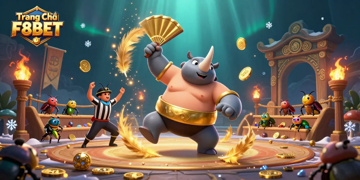 Trang Chủ F8BET showcases a vibrant casino scene with lively characters, dynamic game elements, and golden coins flying.