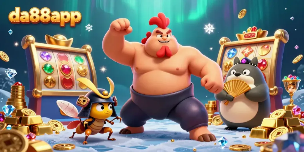 Spin to win with da88app in this vibrant 3D casino scene featuring a powerful rooster and samurai cricket.