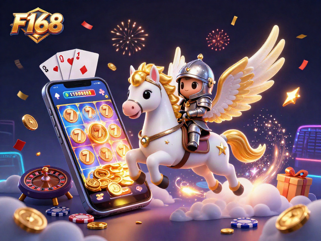 Engage in thrilling gameplay with F168 as a celestial horse and knight capture the excitement of slot gaming.