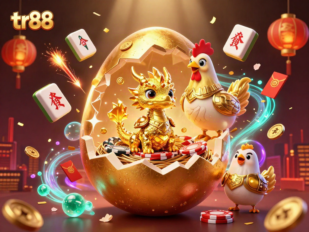 Engage in tr88 gaming with golden dragon and poker chips illuminations in vibrant 3D art