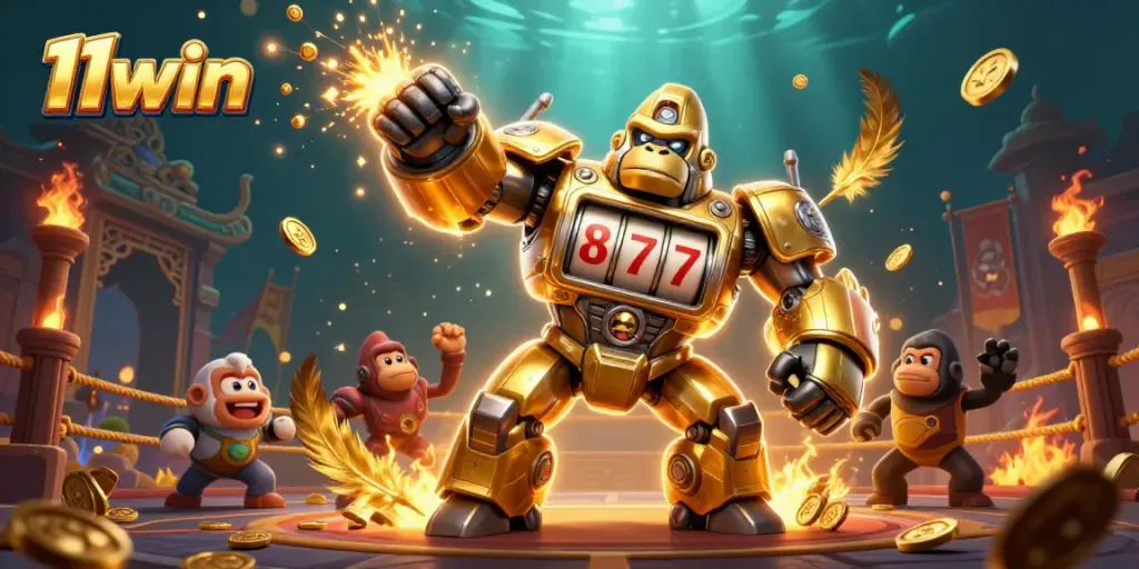 Experience winning excitement at 11win with a dynamic gaming scene featuring a golden gorilla mech.