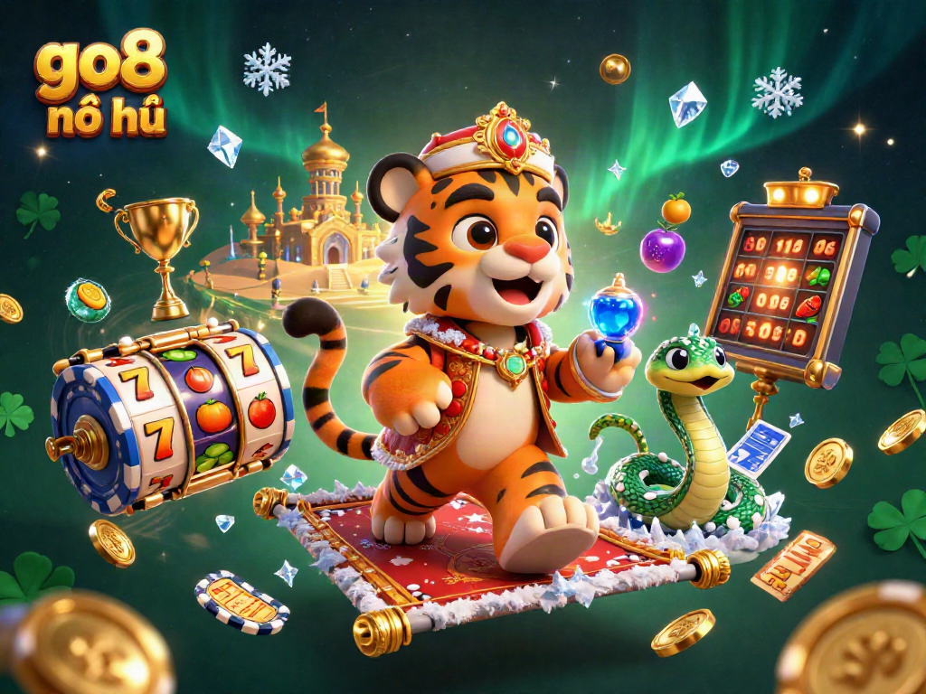 Experience the excitement of go8 nổ hũ with a vibrant casino scene filled with jackpots and a sultan on a magic carpet.