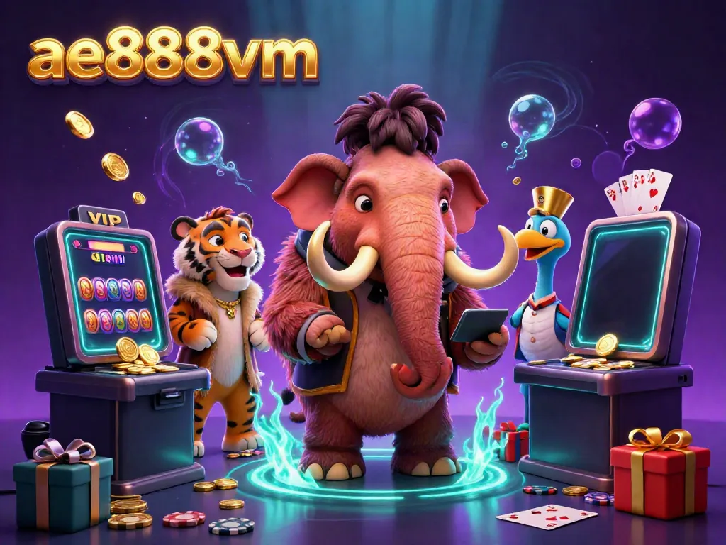 Engage in excitement at ae888vm with a 3D mammoth bouncer, saber-tooth VIP, and lively casino elements.