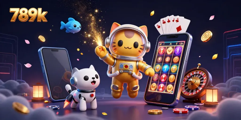 Experience the excitement of 789k with a vibrant 3D casino scene featuring colorful slots and gaming elements.