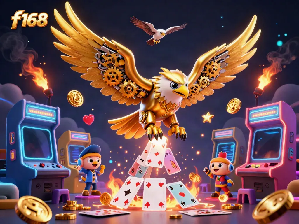 Experience thrilling action with f168 in this dynamic casino-themed illustration featuring a cybernetic eagle and glowing game elements.