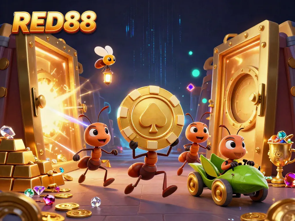 Experience the excitement of winning at RED88 with a heist of golden poker chips by a cartoon team.
