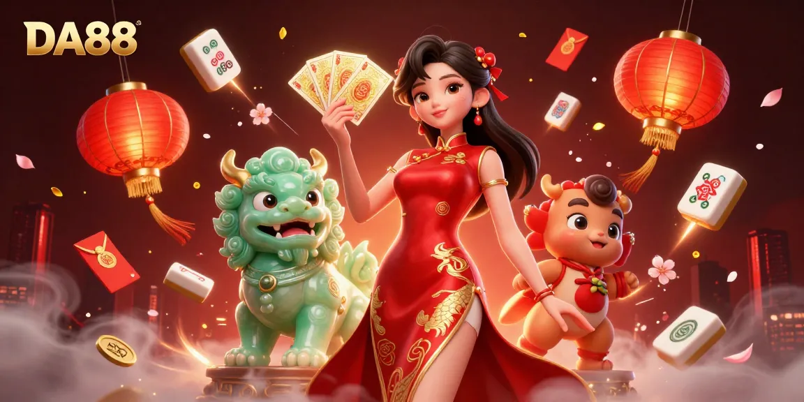 Experience the thrill of DA88 with a dynamic casino-themed digital illustration packed with vibrant characters and elements.