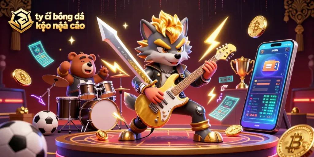 Engage with tỷ lệ bóng đá kèo nhà cái featuring a rock star wolf shredding guitar on a vibrant sports betting stage
