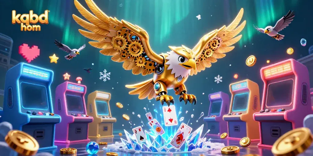 Experience thrilling action with kqbd hom as a cybernetic eagle soars through dynamic holographic casino elements.